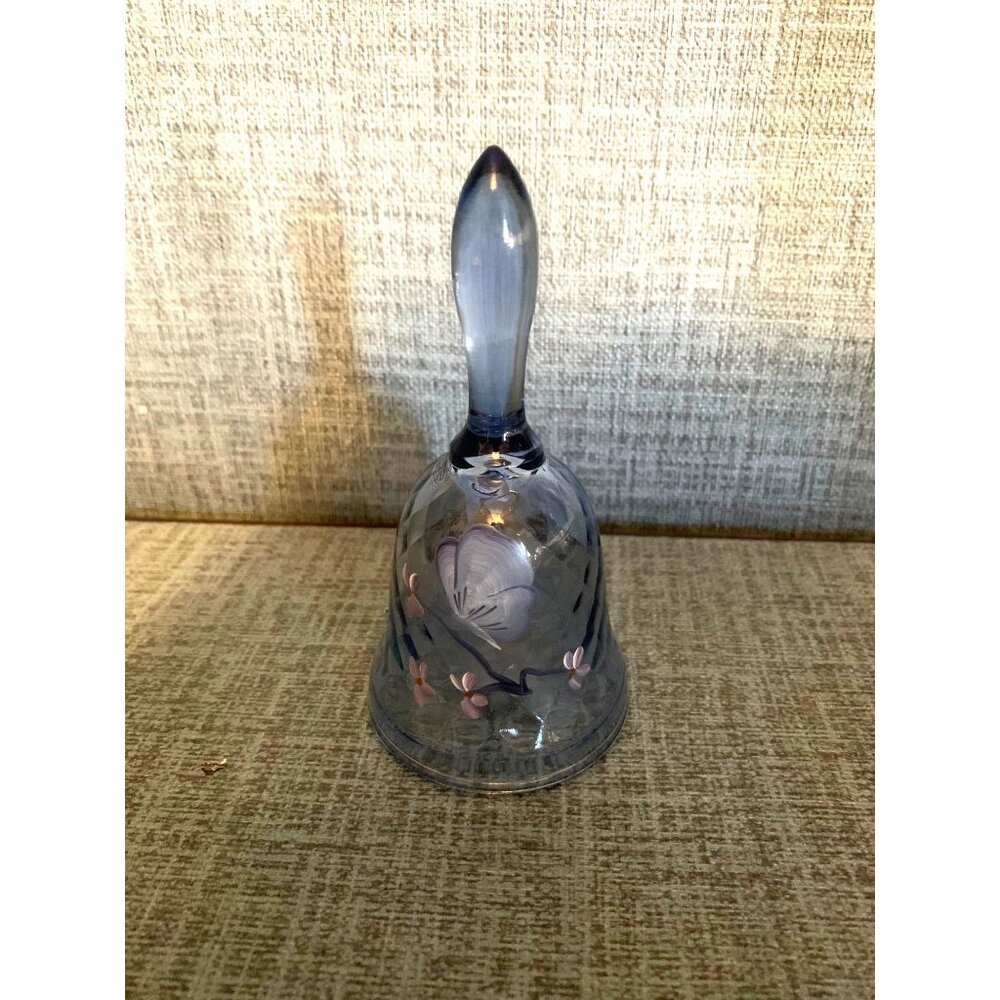 Vtg Fenton Scallop Blue Glass Bell hand Painted Flowers C Schaffer